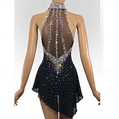 baratos Vestidos de Patinação Artística-Vestido de patinação artística para mulheres, vestido de patinação no gelo para meninas, preto, elástico, treinamento, competição, patinação, roupa térmica, quente, cristal/strass, sem mangas,