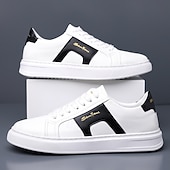 abordables Zapatillas Informales-Zapatillas casuales de piel sintética blanca para hombre con panel de acento marrón y diseño con cordones, zapatos de calle cómodos para atuendos urbanos y deportivos diarios.