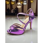 billige 1920-tallet &amp; Gatsby-epoken-Røde metalliske latinske dansesko til dame - profesjonelle ballroom salsa tango sandaler med stroppedesign og høye hæler for konkurranse eller opptreden