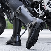 olcso Motoros csizma-Fekete műbőr férfi motoros csizma csattal – tartós és stílusos lábbeli motoros rajongóknak és karácsonyi kalandokhoz