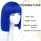levne Syntetické trendy paruky-Modrá paruka krátká rovná modrá bob paruka s ofinou 10 palcová syntetická barva paruky pro ženy s přírodními vlasy pro kostýmy na každodenní párty cosplay