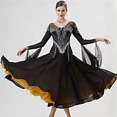 cheap Competition Wear-Women's Ballroom Dance Dress Rhinestone Mesh Long Sleeve Waltz Tango Competition Performance Gown with Layered Gold Hem – Black Gold
