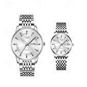ieftine Ceasuri Quartz-Două ceasuri noi și la modă cu cuarț pentru cupluri - carcasă din oțel inoxidabil, rezistență la apă IPX7, calendar dublu luminescent, dată și afișaj duminică/luni, curea din aliaj - cadou ideal