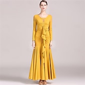 preiswerte Standard-Tanzsaal-grünes Gesellschaftstanzkleid mit langen Ärmeln, gerüschten Details und Rüschenrock für eleganten Latein &amp;Ballsaalaufführung