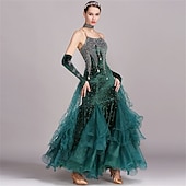 economico Abbigliamento da Competizione-abito da ballo da sala da donna, verde smeraldo, in organza di velluto a rete con strass, a strati, per tango, valzer, foxtrot, competizione