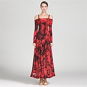 abordables Standard  Ballroom-Animal Print Off-Shoulder Ballroom Dance Dress for Women - Long Sleeve A-Line Gown for Competitions, Latin, and Dance Events