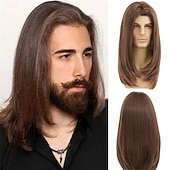 baratos Perucas Casam-Peruca longa castanha para homem, cabelo liso, sintética, resistente ao calor, ideal para uso diário, festas e fantasias.