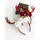 economico Accessori per capelli da donna-set di 2 cerchietti natalizi da donna con corna di renna, accessori floreali per capelli con rose rosse e bianche, bacche dorate &amp;corna di velluto per feste di Natale &amp;foto di famiglia