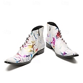 abordables Botas de cuero de primera calidad-Botines de piel con efecto salpicado de pintura blanca para hombre, con cordones en la parte delantera y punta puntiaguda, botas artísticas de piel de vaca de moda para escenarios, clubes y fiestas.