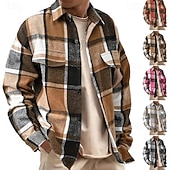 olcso flanel ingek-Férfi Ing Flannel ing Gombos póló Overshirt Sárga Arcpír rózsaszín Narancssárga Világos szürke Sötétszürke Hosszú ujj Kockás Térfogatcsökkenés Hétköznapi Napi Ruházat Meleg Divat