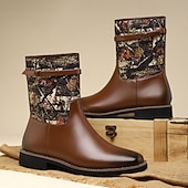 olcso Cowboy és nyugati csizma-Barna műbőr férfi félvádrávégű csizma terepszínű szövetrészletekkel – divatos és praktikus lábbeli szabadtéri kalandokhoz és hétköznapi viselethez