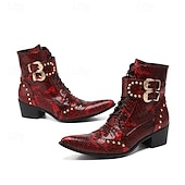 halpa Ensiluokkaiset nahkasaappaat-Miesten punaiset käärmekuvioiset nahkaiset nilkkurit, joissa on kaksinkertaiset solkiremmit ja niittiyksityiskohdat, 100% naudannahasta valmistetut länsimaiset saappaat konsertteihin ja esityksiin