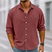 baratos camisa de botão masculina-Homens Camisa Social Camisa casual camisa vintage camisa de botão Vinho Azul Marinha Manga Longa Tecido Lapela Casual Streetwear Bolsos Roupa Algodão Elastano Vintage Moda Retro Vintage