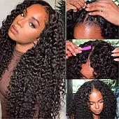economico Parrucche di capelli veri senza cuffia-parrucca con parte a V, riccia crespa, minima/senza risciacquo, per donne nere, con parte sottile, riccia crespa, senza colla, con clip, densità 180%, colore naturale