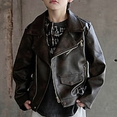abordables Chaquetas de Cuero para Niños-Niños Chico Chaqueta de cuero negro Chaqueta Ropa de calle Plano Manga Larga Cerrar IMPERMEABLE Paravientos: Abrigo Diario Moda Casual Negro Marrón Primavera Otoño 4-12 años