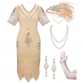 economico Abiti degli anni '20-Set Anni Ruggenti Anni 1920 Lunghezza al ginocchio Abito Flapper Abito da cocktail Costume di fantasia con accessori Maniche corte Il grande Gatsby Ragazza Flapper Paillettes Frangia con nappe Scollo