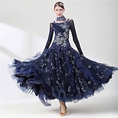 levne Soutěžní oděv-Dámské šaty na společenský tanec s kamínky, hvězdnou výšivkou, vrstvená organza, elegantní, na valčík, tango, foxtrot – tmavě modré