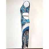 cheap Competition Dress-Women's Latin Dance Dress Blue Rhinestone Cutout Bodycon Fringe Costume for Cha Cha Samba Paso Doble Performance Competition