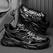 economico Sneakers Casual-Sneakers da uomo color oro metallizzato con suola spessa e finitura riflettente, scarpe da corsa alla moda con lacci per abbigliamento streetwear, da festa e casual