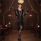 billige 1920-talls kjoler-Sett De livlige 20-årene 1920-tallet Knelengde Flapper kjole Cocktailkjole Fancy kostyme med tilbehør Korte ermer Den store Gatsby Flapper Girl Paljetter Dusk V-hals Kostyme Dame Jul Nytt År