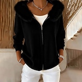 billiga Tröjjackor-Dam Tröja Kofta Elegant Mode söt stil Ensfärgat Huva Dragkedja Stickat Huva Långärmad Långa toppar Sticka Jul Utomhus Dagligen Svart Rubinrött Höst Vinter