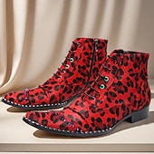 Miesten punaiset leopardikuvioiset nahkaiset nilkkurit, joissa nauhat ja terävä kärki, 100% naudannahkaa, muotisaappaat lavalle, klubeille ja trendikkäisiin asuihin. halpa Miesten joulukengät-Miesten punaiset leopardikuvioiset nahkaiset nilkkurit, joissa nauhat ja terävä kärki, 100% naudannahkaa, muotisaappaat lavalle, klubeille ja trendikkäisiin asuihin.