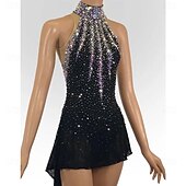 baratos Vestidos de Patinação Artística-Vestido de patinação artística para mulheres, vestido de patinação no gelo para meninas, preto, elástico, treinamento, competição, patinação, roupa térmica, quente, cristal/strass, sem mangas,