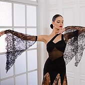 cheap Competition Wear-Women's Ballroom Dance Dress Black Lace Patchwork Mesh Asymmetric Shoulder Elegant Tango Rumba Competition Performance Gown