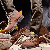 cheap Work Boots-Men's Yellow Faux Leather Work Safety Boots with Shock-Absorbing Sole and Steel-Toe Protection, Durable Construction Boots for Outdoor Labor and Industrial Work