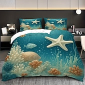 preiswerte Bettbezug-Sets-Unterwasserwelt Seestern &amp;3-teiliges Daunenbettbezug-Set mit Oktopus-Motiv für Queensize-Betten, weicher Bettbezug mit 2 Kissenbezügen – Hotel &amp;Gästezimmerbettwäsche, gemütlich &amp; komfortabel