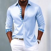 abordables Camisa de Satén para Hombre-Hombre Cuadrícula / Cuadros Diseño Geométrico Camisa Camisa de raso Camisa para Vestido Manga Larga Informal de negocios Vacaciones Uso Diario Verano Primavera Otoño Cuello Vuelto Impresión 3D