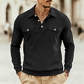 cheap Men&#039;s Classic Polo-Men&#039;s Polo Shirts Golf Shirt Business Casual Ribbed Polo Collar Long Sleeve Fashion Basic Solid Color Buttons Front Pocket Summer Spring &amp;  Fall All Seasons Regular Fit Dark Grey Denim Blue Black