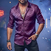 cheap Men's Smart Casual Shirts-Men's Shirt Casual Shirt Button Up Shirt Prom Shirt Black Wine Purple Gold Long Sleeve Plain Textured Lapel Party Daily Jacquard Clothing Apparel Fashion Smart Casual