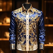 preiswerte Herren Satin Hemd-Herren Blumendruck Ethnisch Barock- Hemd Satinhemd Kleidhemd Langarm Vintage-Retro Urlaub Alltagskleidung Sommer Frühling Herbst Umlegekragen 3D-Druck Hemden mit Knopfleiste Schwarz Burgunderrot