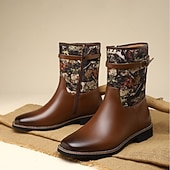 olcso Cowboy és nyugati csizma-Barna műbőr férfi félvádrávégű csizma terepszínű szövetrészletekkel – divatos és praktikus lábbeli szabadtéri kalandokhoz és hétköznapi viselethez