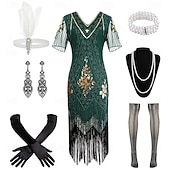 economico Abiti degli anni '20-Set Anni Ruggenti Anni 1920 Midi Abito Flapper Abito da cocktail Costume di fantasia con accessori Maniche corte Il grande Gatsby Ragazza Flapper Paillettes Frangia con nappe Scollo a V Costume Per