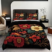 Χαμηλού Κόστους Σετ παπλωματοθήκης-Σετ παπλωματοθήκης 3 τεμαχίων με ρετρό τρισδιάστατη εκτύπωση λουλουδιών από πούπουλα για κρεβάτι queen size, μαλακό κοντό βελούδινο κάλυμμα παπλώματος με 2 μαξιλαροθήκες - κλινοσκεπάσματα υπνοδωματίου