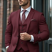 abordables Costumes formels-Pour des hommes Mariage Occasionnel Costumes d&#039;affaires Revers Cranté Noir Rouge Bordeaux Quotidien Affaires Couleur Unie Coupe Standard 3 pièces Simple Boutonnage Deux Boutons