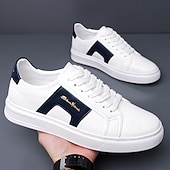 abordables Zapatillas Informales-Zapatillas casuales de piel sintética blanca para hombre con panel de acento marrón y diseño con cordones, zapatos de calle cómodos para atuendos urbanos y deportivos diarios.