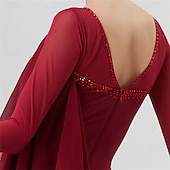 economico Abbigliamento da Competizione-abito da ballo da sala da donna in chiffon drappeggiato, manica lunga, elegante abito da competizione per valzer, tango, foxtrot – rosso vino
