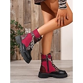 Недорогие Женские ботинки-Модные армейские ботинки на массивном каблуке с цепочкой в форме сердца – бордовые и черные