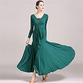 preiswerte Standard-Tanzsaal-grünes Gesellschaftstanzkleid mit langen Ärmeln, gerüschten Details und Rüschenrock für eleganten Latein &amp;Ballsaalaufführung