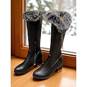  Γυναικείες μαύρες μπότες μέχρι το γόνατο με διακοσμητικά από ψεύτικη γούνα και μαργαριτάρι, ζεστές χειμωνιάτικες μπότες μόδας για τα Χριστούγεννα &ρούχα για κρύο καιρό