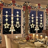 baratos Luzes de cordas de férias-Luz de Janela de Natal 1PC com Bateria Luz de Cortina Branca Quente Suspensa com Ventosa Luz de Árvore de Natal e Estrela para Decoração de Janela em Festa de Natal e Ano Novo