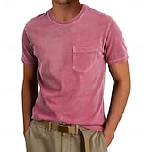 billiga grundläggande t-shirts-Herr T-shirt Tvätta skjorta i 100 % bomull Kortärmad Rund hals Sommar Vår Alla årstider Ensfärgat Elegant Vintage Neutral Ficka Crewneck Urblekt Ledigt Hem Utomhus Ljusblå Aprikos Svart Topp t-shirt