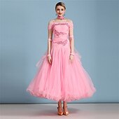 Недорогие Стандартный бальный зал-женское платье для бальных танцев, ярко-розовое, с цветочной аппликацией из страз, многослойной органзы, элегантное, для выступлений на соревнованиях по вальсу, танго, фокстроту