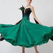 preiswerte Wettbewerbsbekleidung-Damen-Ballsaal-Tanzkleid mit Federschultern, Strass-Farbverlauf, Walzer-Tango-Wettbewerbskleid mit fließenden Chiffonärmeln – Grün-Schwarz