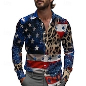  Camicia a maniche lunghe da uomo con bandiera americana camicia casual da spiaggia comoda vacanza streetwear hawaiano primavera autunno stampa colletto blu scuro rosso blu