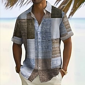 preiswerte Geometrische Muster-Herren Geometrisch Farbblock Patchwork Hemd Knopfhemd Kurzarm Modisch lässig Urlaub Ferien Streetwear Sommer Umlegekragen 3D-Druck Hemden mit Kragen Eine Tasche vorne Dunkelgelb Blau Braun Grün