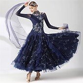 levne Soutěžní oděv-Dámské šaty na společenský tanec s kamínky, hvězdnou výšivkou, vrstvená organza, elegantní, na valčík, tango, foxtrot – tmavě modré